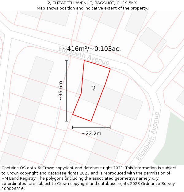 2, ELIZABETH AVENUE, BAGSHOT, GU19 5NX: Plot and title map