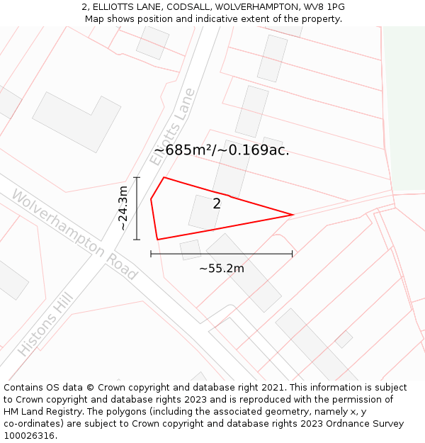 2, ELLIOTTS LANE, CODSALL, WOLVERHAMPTON, WV8 1PG: Plot and title map