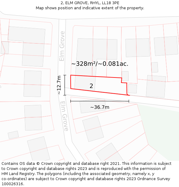 2, ELM GROVE, RHYL, LL18 3PE: Plot and title map