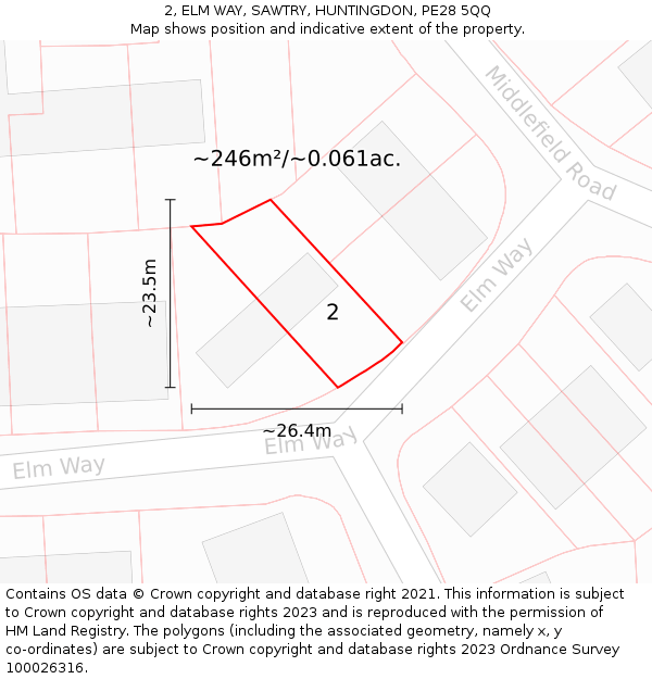 2, ELM WAY, SAWTRY, HUNTINGDON, PE28 5QQ: Plot and title map