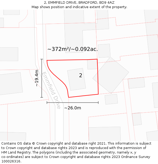 2, EMMFIELD DRIVE, BRADFORD, BD9 4AZ: Plot and title map