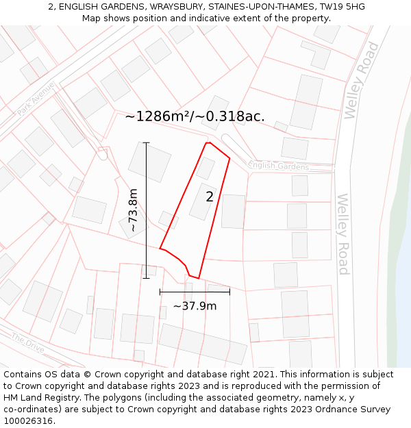 2, ENGLISH GARDENS, WRAYSBURY, STAINES-UPON-THAMES, TW19 5HG: Plot and title map