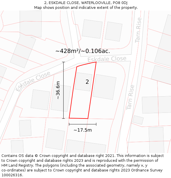 2, ESKDALE CLOSE, WATERLOOVILLE, PO8 0DJ: Plot and title map