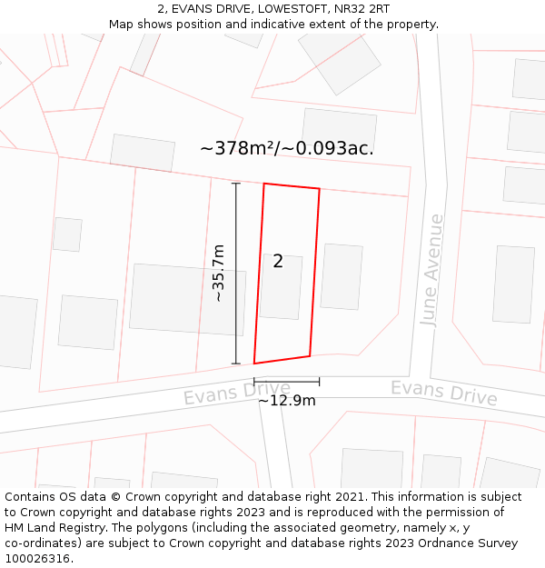 2, EVANS DRIVE, LOWESTOFT, NR32 2RT: Plot and title map