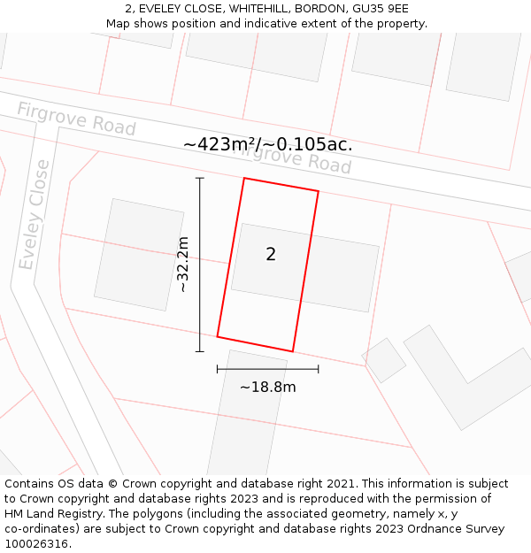 2, EVELEY CLOSE, WHITEHILL, BORDON, GU35 9EE: Plot and title map