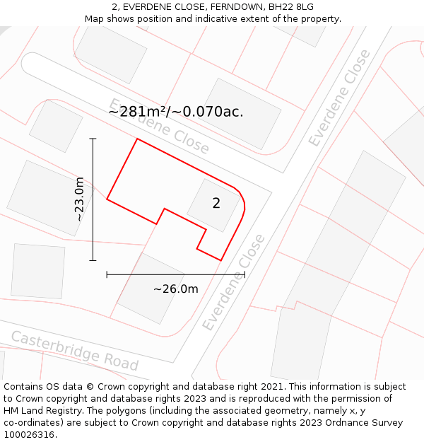 2, EVERDENE CLOSE, FERNDOWN, BH22 8LG: Plot and title map