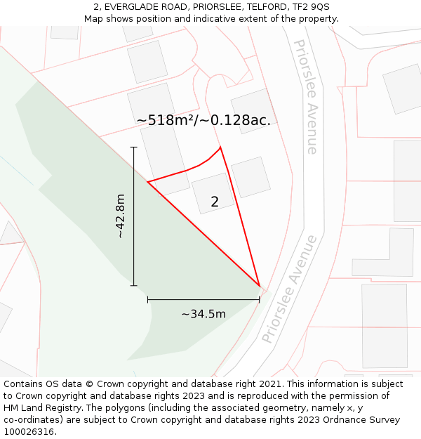 2, EVERGLADE ROAD, PRIORSLEE, TELFORD, TF2 9QS: Plot and title map