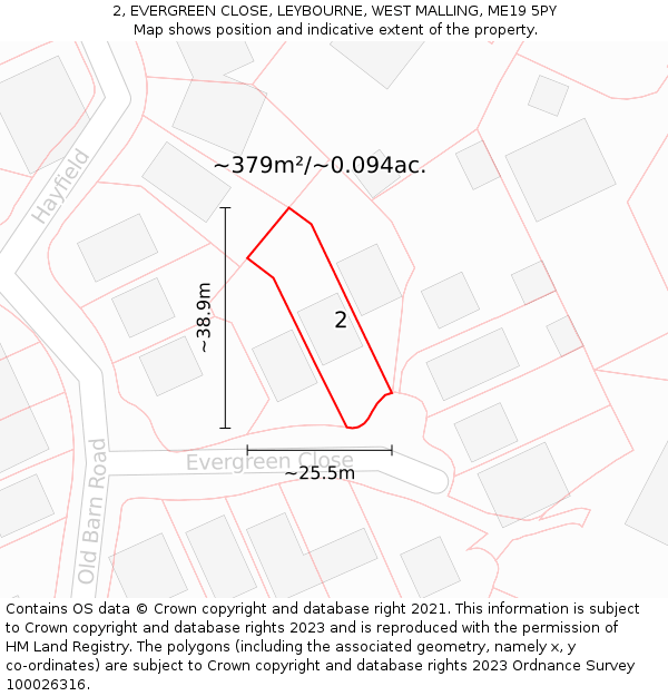2, EVERGREEN CLOSE, LEYBOURNE, WEST MALLING, ME19 5PY: Plot and title map