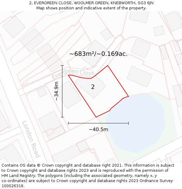 2, EVERGREEN CLOSE, WOOLMER GREEN, KNEBWORTH, SG3 6JN: Plot and title map