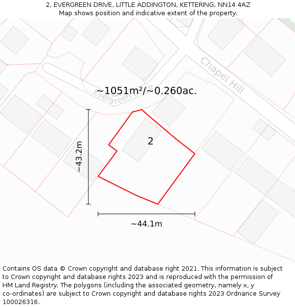 2, EVERGREEN DRIVE, LITTLE ADDINGTON, KETTERING, NN14 4AZ: Plot and title map