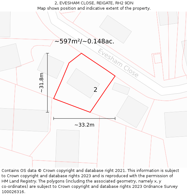 2, EVESHAM CLOSE, REIGATE, RH2 9DN: Plot and title map