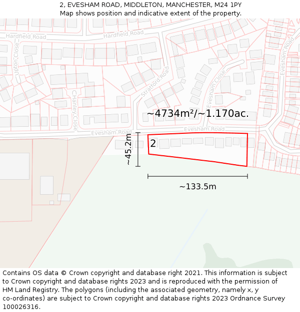 2, EVESHAM ROAD, MIDDLETON, MANCHESTER, M24 1PY: Plot and title map