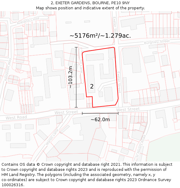 2, EXETER GARDENS, BOURNE, PE10 9NY: Plot and title map