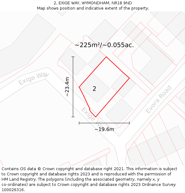 2, EXIGE WAY, WYMONDHAM, NR18 9ND: Plot and title map