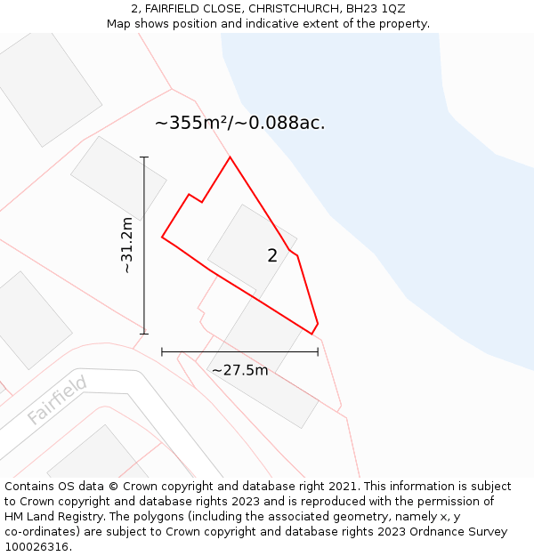 2, FAIRFIELD CLOSE, CHRISTCHURCH, BH23 1QZ: Plot and title map