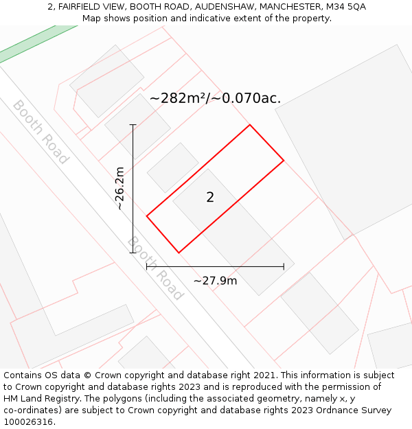 2, FAIRFIELD VIEW, BOOTH ROAD, AUDENSHAW, MANCHESTER, M34 5QA: Plot and title map