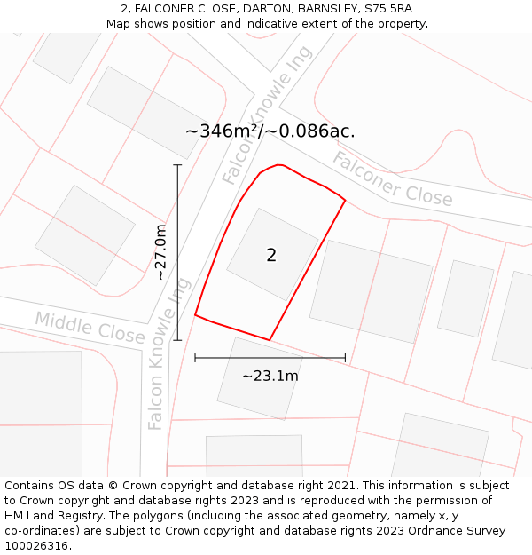 2, FALCONER CLOSE, DARTON, BARNSLEY, S75 5RA: Plot and title map