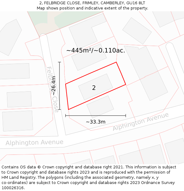 2, FELBRIDGE CLOSE, FRIMLEY, CAMBERLEY, GU16 8LT: Plot and title map