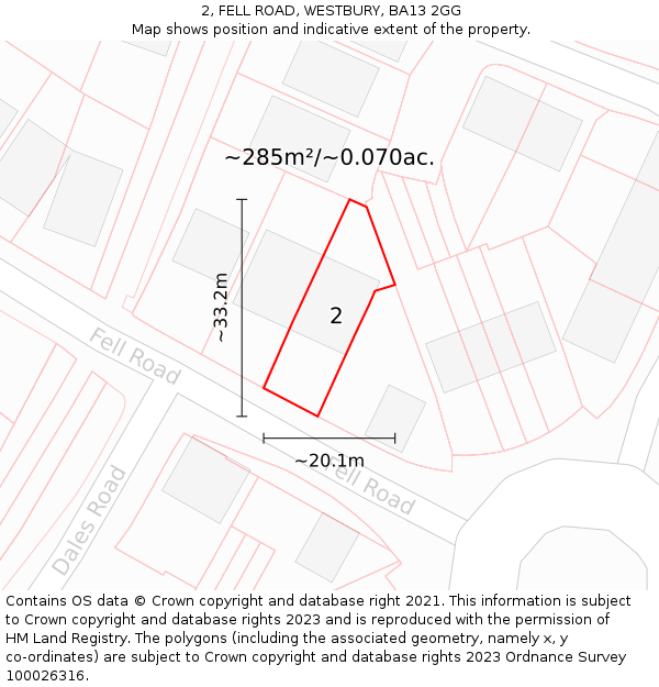 2, FELL ROAD, WESTBURY, BA13 2GG: Plot and title map