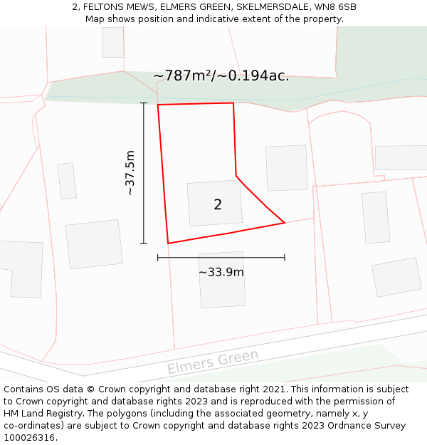 2, FELTONS MEWS, ELMERS GREEN, SKELMERSDALE, WN8 6SB: Plot and title map