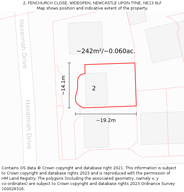 2, FENCHURCH CLOSE, WIDEOPEN, NEWCASTLE UPON TYNE, NE13 6LF: Plot and title map