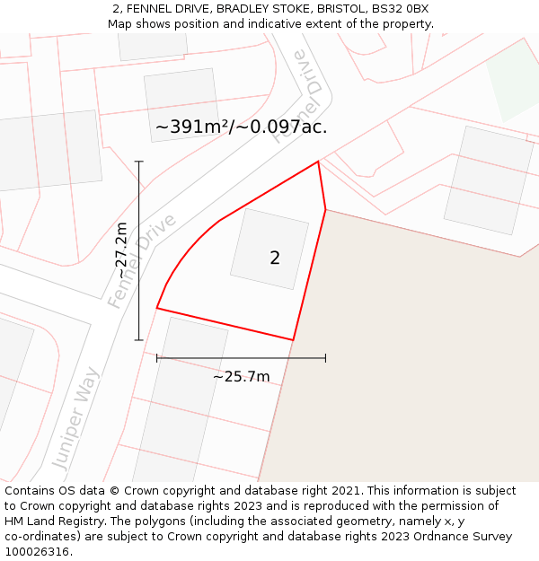 2, FENNEL DRIVE, BRADLEY STOKE, BRISTOL, BS32 0BX: Plot and title map