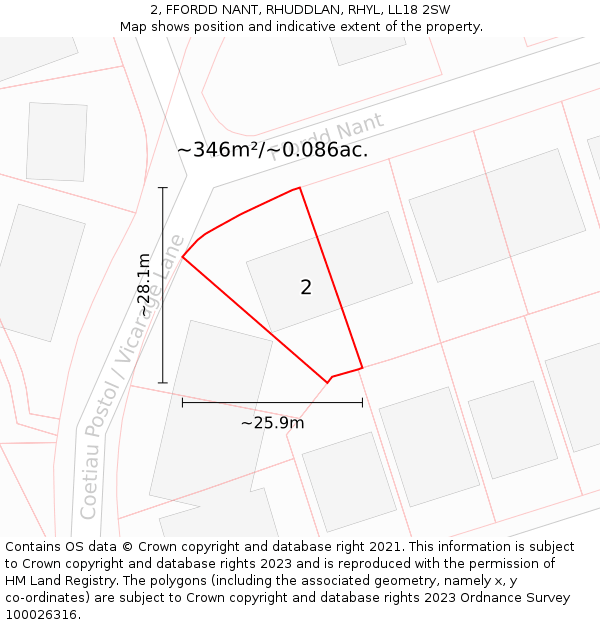 2, FFORDD NANT, RHUDDLAN, RHYL, LL18 2SW: Plot and title map