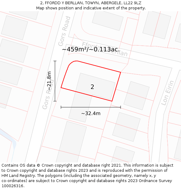 2, FFORDD Y BERLLAN, TOWYN, ABERGELE, LL22 9LZ: Plot and title map