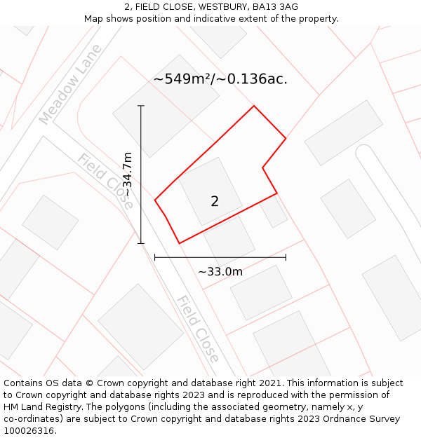 2, FIELD CLOSE, WESTBURY, BA13 3AG: Plot and title map