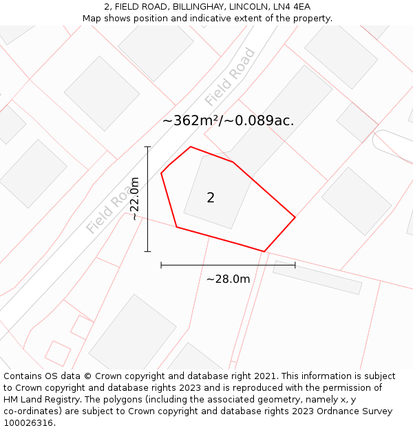 2, FIELD ROAD, BILLINGHAY, LINCOLN, LN4 4EA: Plot and title map