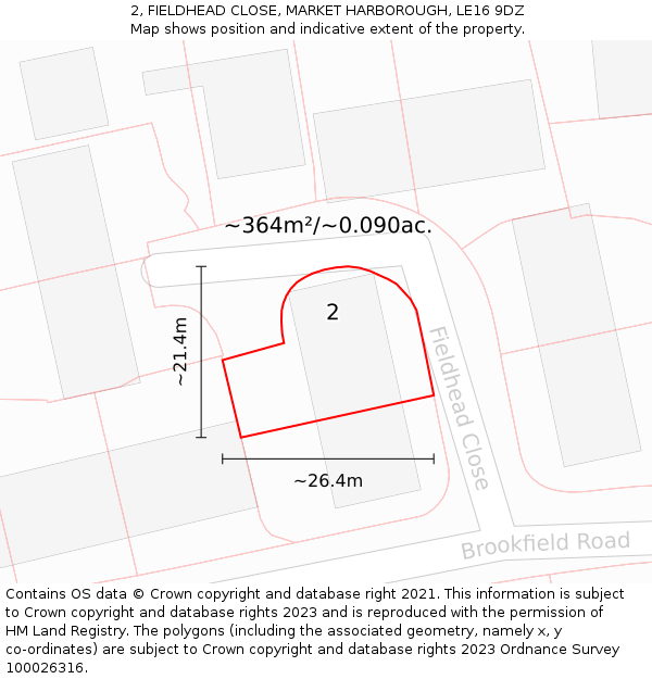 2, FIELDHEAD CLOSE, MARKET HARBOROUGH, LE16 9DZ: Plot and title map