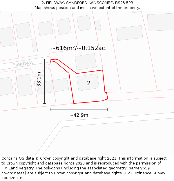 2, FIELDWAY, SANDFORD, WINSCOMBE, BS25 5PR: Plot and title map