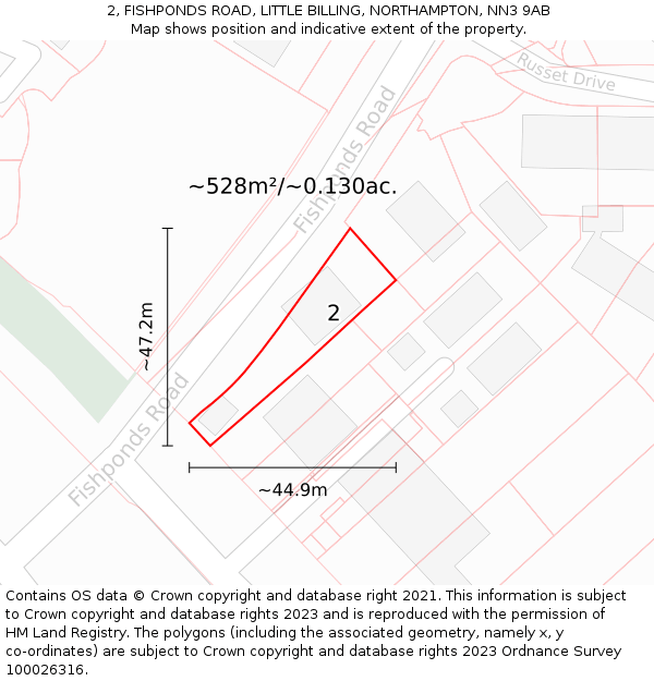 2, FISHPONDS ROAD, LITTLE BILLING, NORTHAMPTON, NN3 9AB: Plot and title map