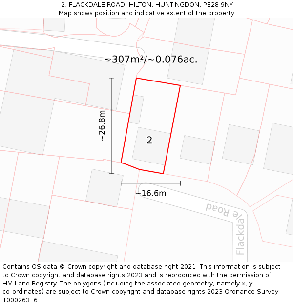 2, FLACKDALE ROAD, HILTON, HUNTINGDON, PE28 9NY: Plot and title map