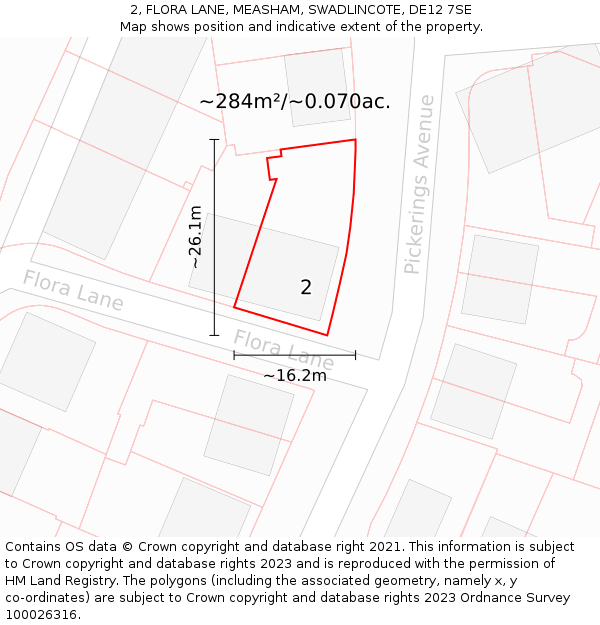 2, FLORA LANE, MEASHAM, SWADLINCOTE, DE12 7SE: Plot and title map