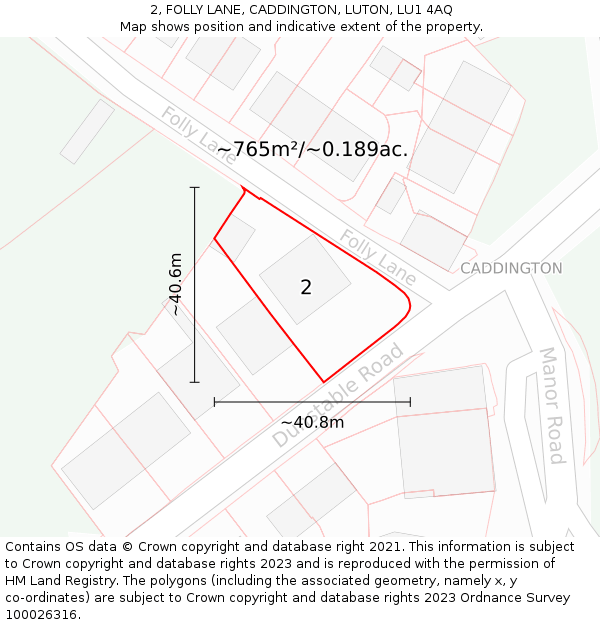 2, FOLLY LANE, CADDINGTON, LUTON, LU1 4AQ: Plot and title map