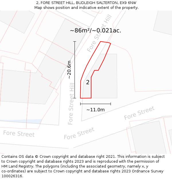 2, FORE STREET HILL, BUDLEIGH SALTERTON, EX9 6NW: Plot and title map