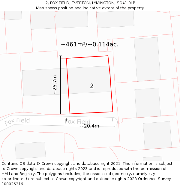 2, FOX FIELD, EVERTON, LYMINGTON, SO41 0LR: Plot and title map