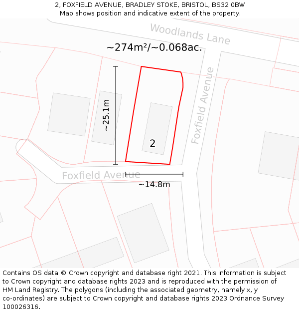 2, FOXFIELD AVENUE, BRADLEY STOKE, BRISTOL, BS32 0BW: Plot and title map