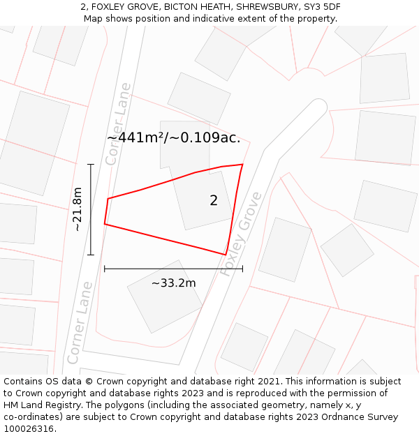 2, FOXLEY GROVE, BICTON HEATH, SHREWSBURY, SY3 5DF: Plot and title map