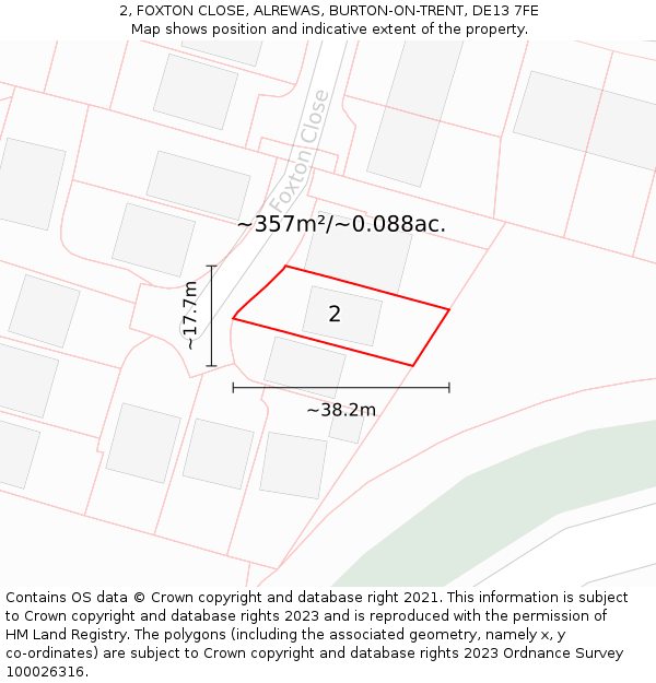 2, FOXTON CLOSE, ALREWAS, BURTON-ON-TRENT, DE13 7FE: Plot and title map