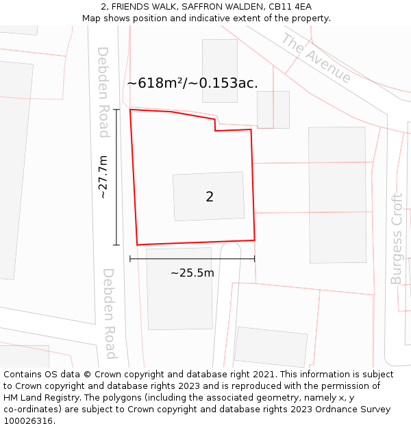 2, FRIENDS WALK, SAFFRON WALDEN, CB11 4EA: Plot and title map