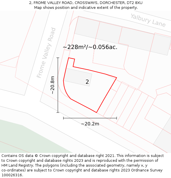 2, FROME VALLEY ROAD, CROSSWAYS, DORCHESTER, DT2 8XU: Plot and title map