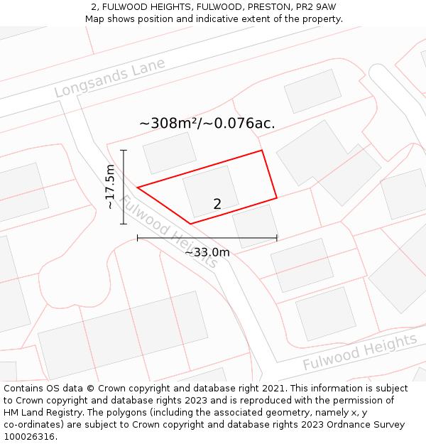 2, FULWOOD HEIGHTS, FULWOOD, PRESTON, PR2 9AW: Plot and title map