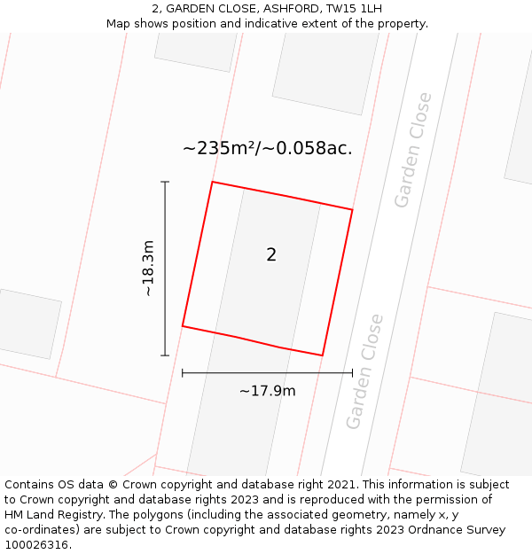 2, GARDEN CLOSE, ASHFORD, TW15 1LH: Plot and title map