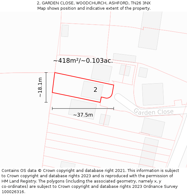 2, GARDEN CLOSE, WOODCHURCH, ASHFORD, TN26 3NX: Plot and title map