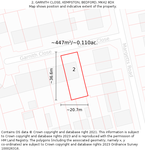 2, GARNITH CLOSE, KEMPSTON, BEDFORD, MK42 8DX: Plot and title map