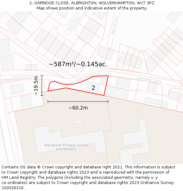 2, GARRIDGE CLOSE, ALBRIGHTON, WOLVERHAMPTON, WV7 3PZ: Plot and title map