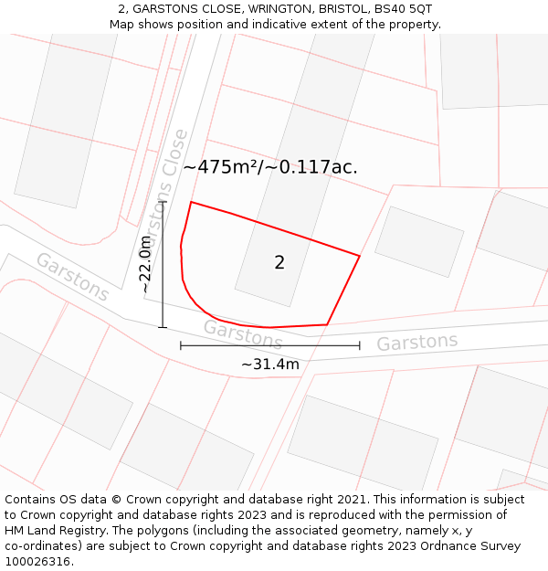 2, GARSTONS CLOSE, WRINGTON, BRISTOL, BS40 5QT: Plot and title map