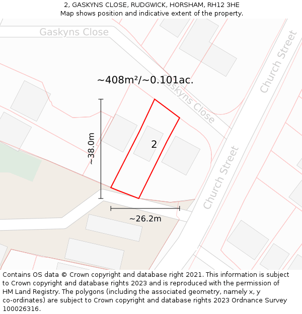 2, GASKYNS CLOSE, RUDGWICK, HORSHAM, RH12 3HE: Plot and title map